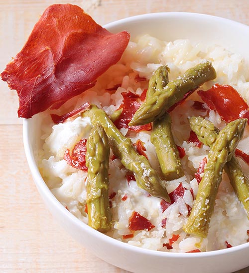 Risotto aux asperges vertes & croquant de jambon cru